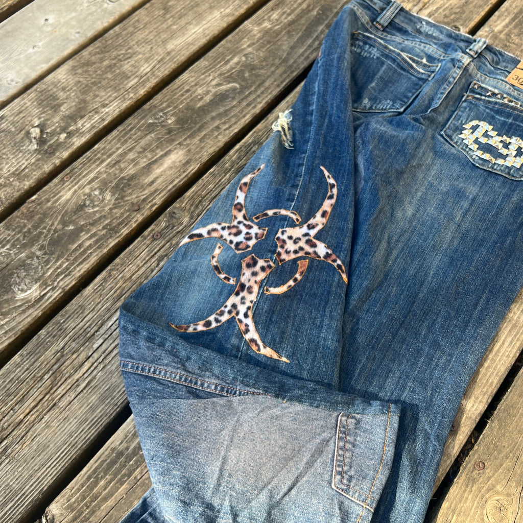 biohazard leopard/brass knuckle jeans