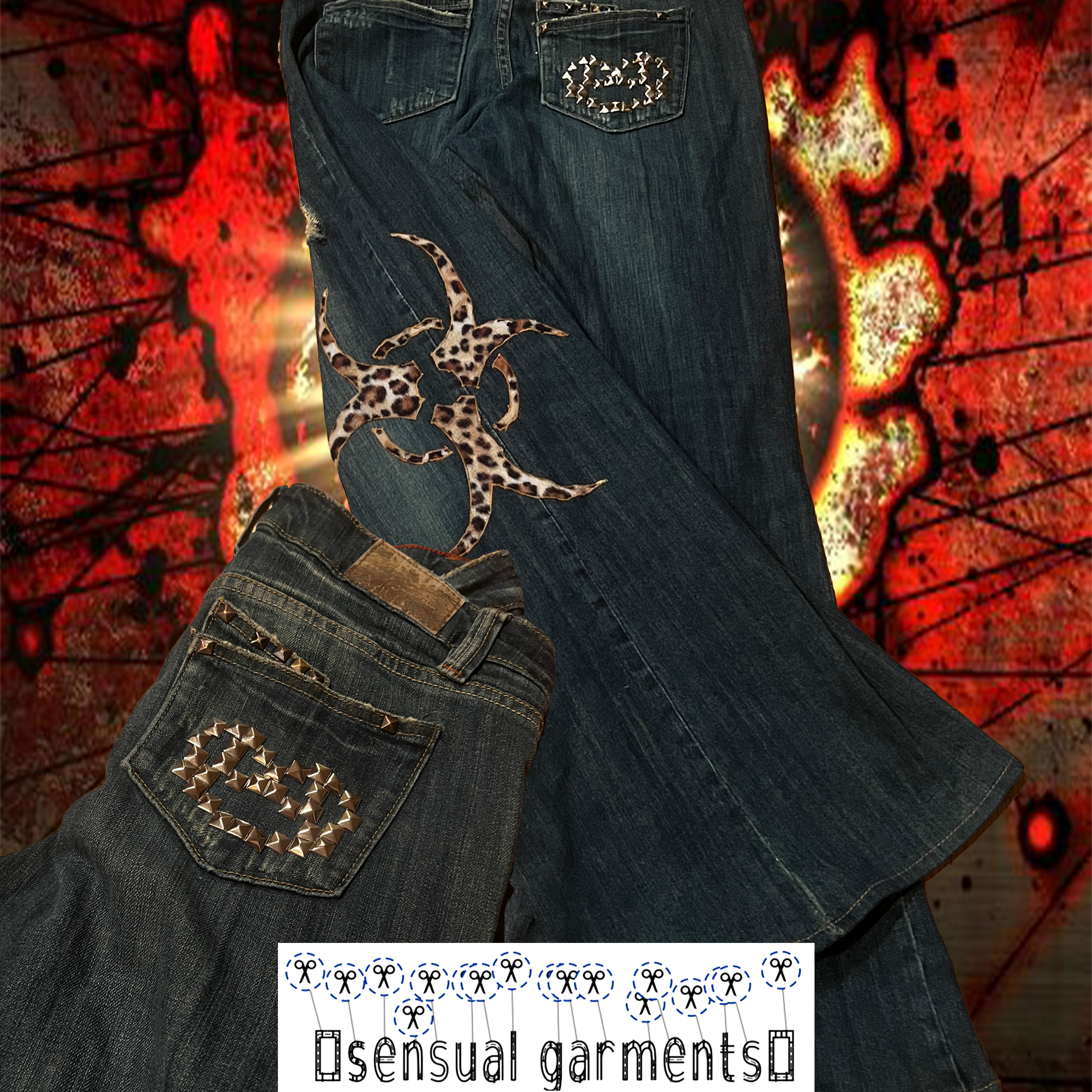 biohazard leopard/brass knuckle jeans